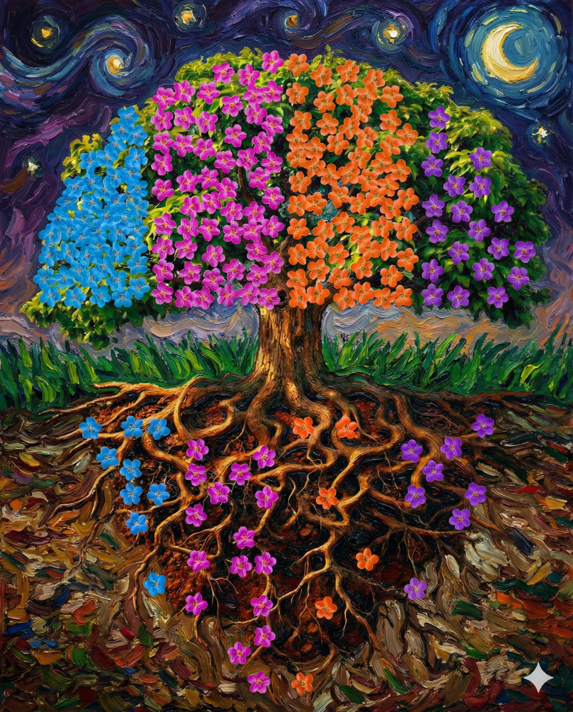 The RootRadius tree visualization. A tree with multicolored flowers in the canopy and matching flowers blooming in the root system below, against a starry sky.